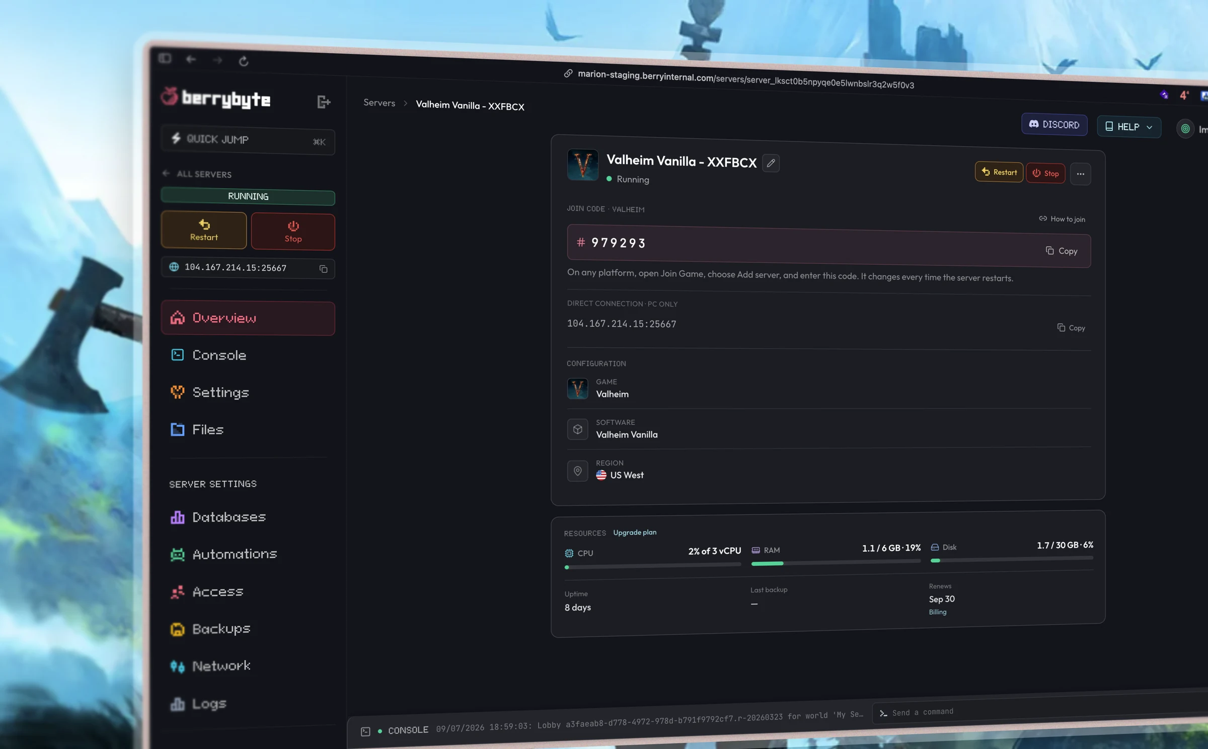 berrybyte control panel for a Valheim server, with the join code, address, and resource usage