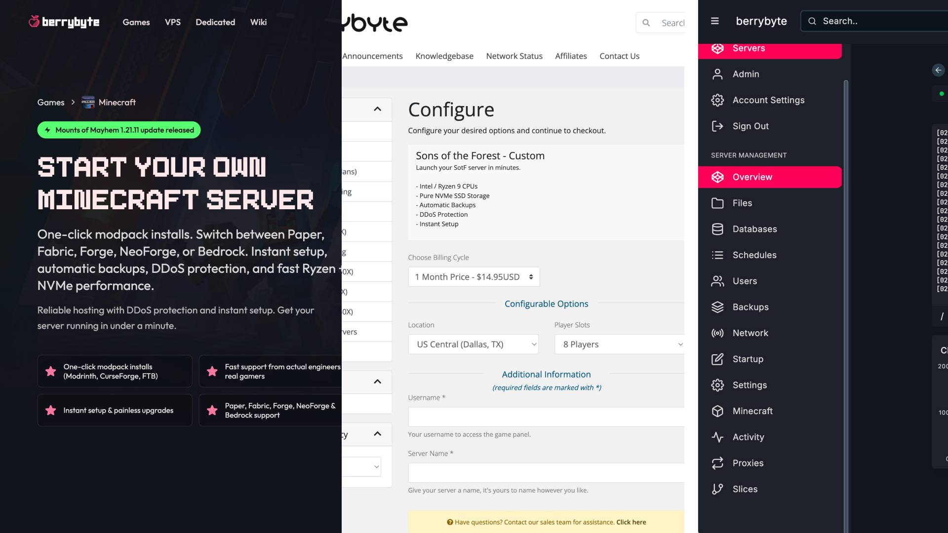 Three screenshots of the old berrybyte marketing site, billing portal, and game panel side by side