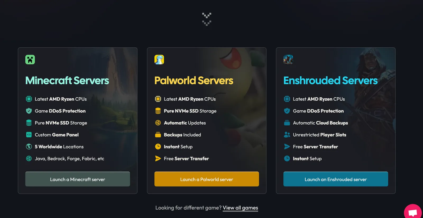 sServer hosting for the three most popular games