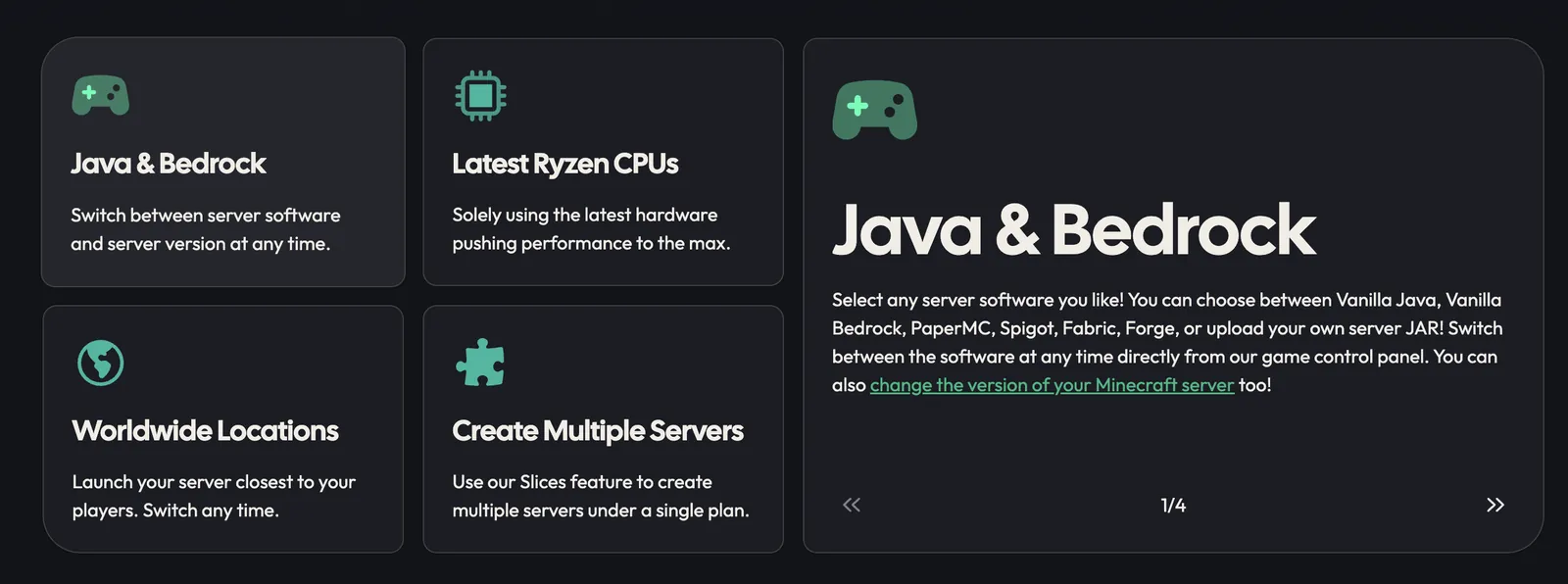 Feature cards on the Minecraft Server Hosting page