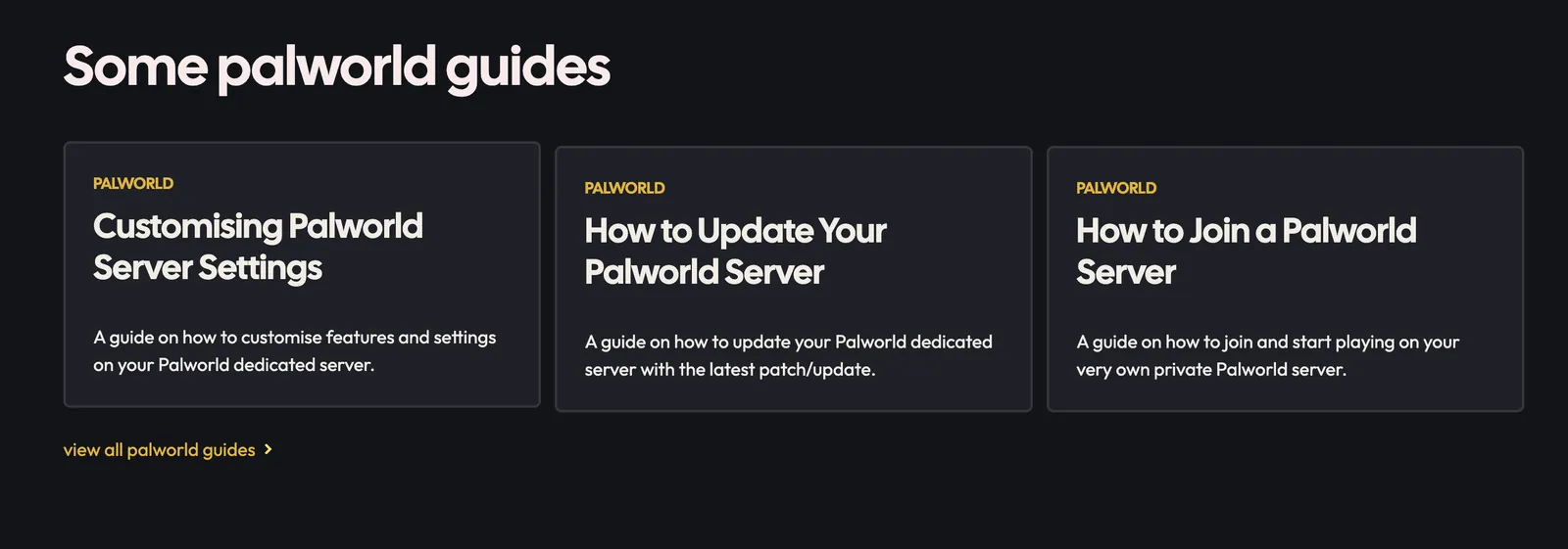 Guides and wiki section on a game hosting page