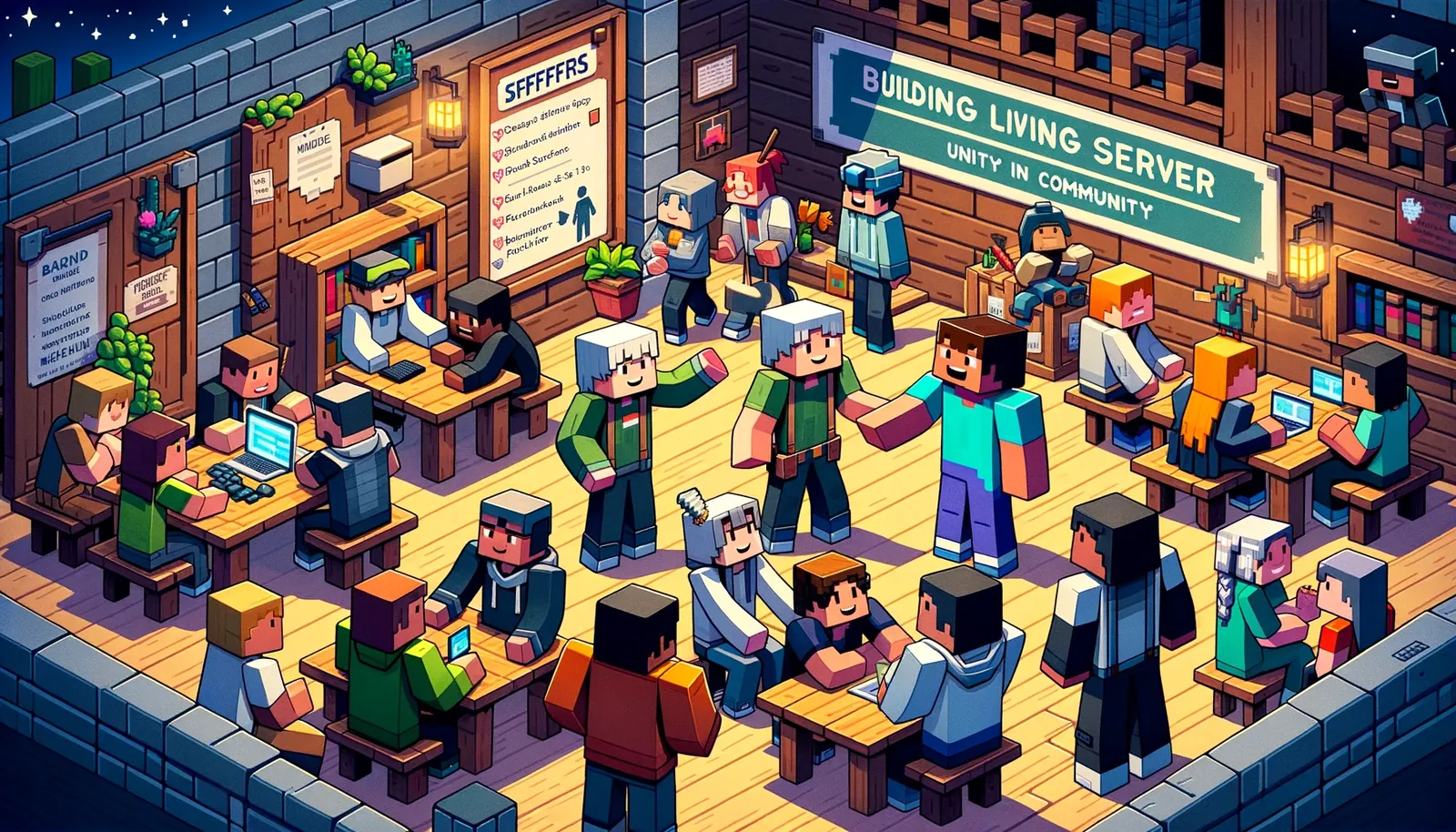 Minecraft players gathering around tables in a community hall labeled Building a Living Server
