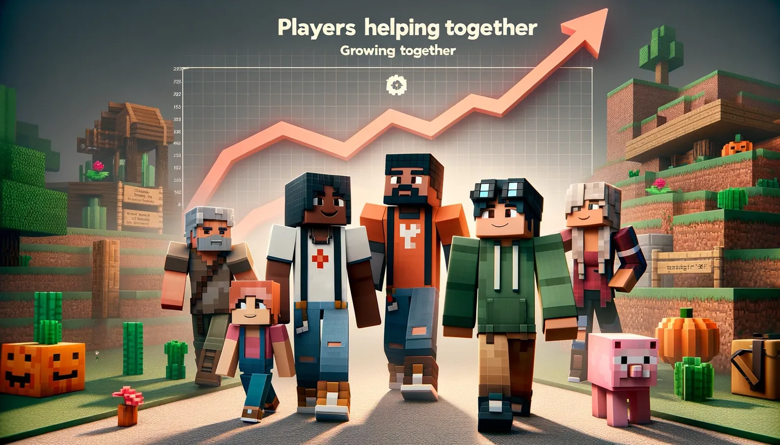 A group of Minecraft players standing together under a rising growth chart
