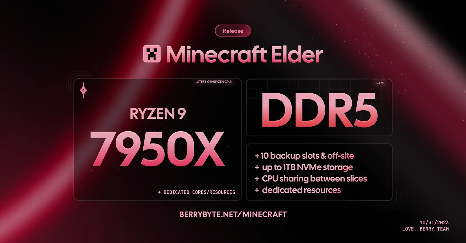 Minecraft Elder plan card highlighting Ryzen 9 7950X and DDR5
