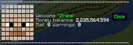 CMI welcome overlay showing a player's skin, money, mail, and warnings