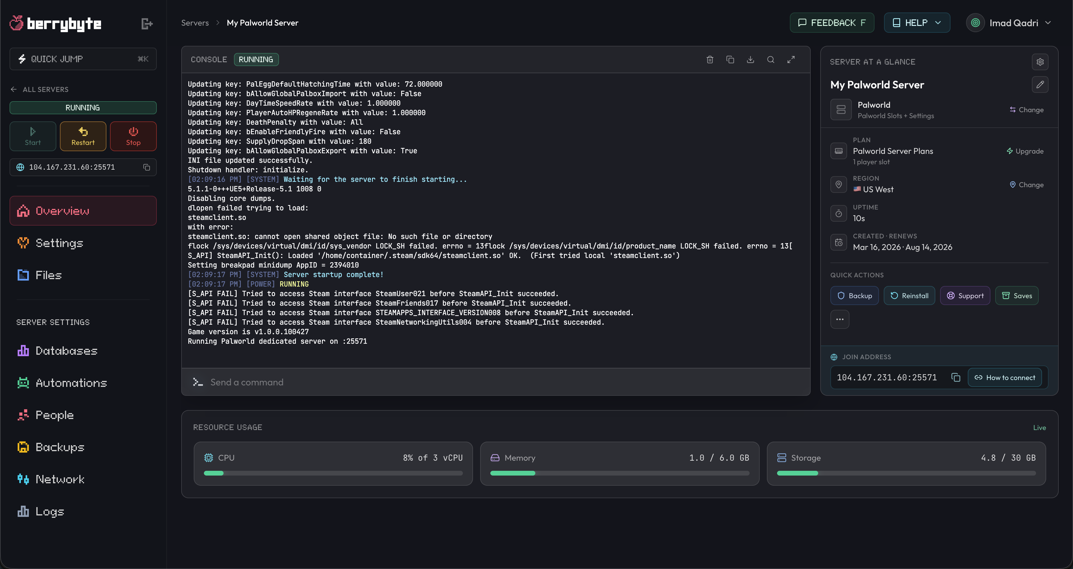 Palworld server overview with a live console, resource usage, and server controls