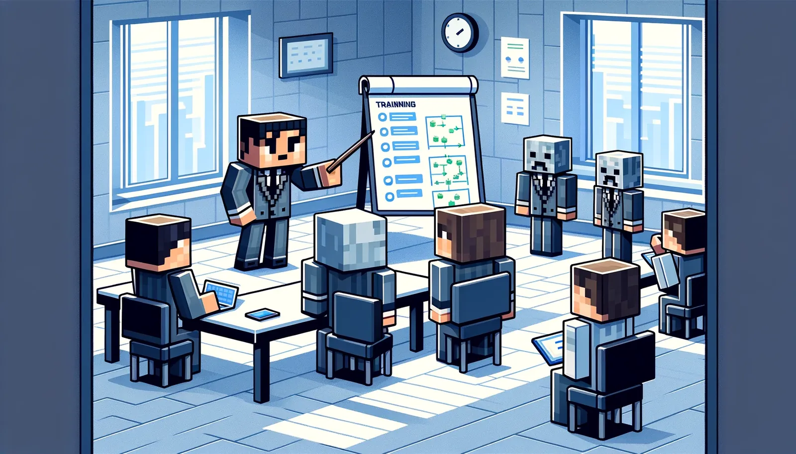 Minecraft staff in a meeting room around a training whiteboard