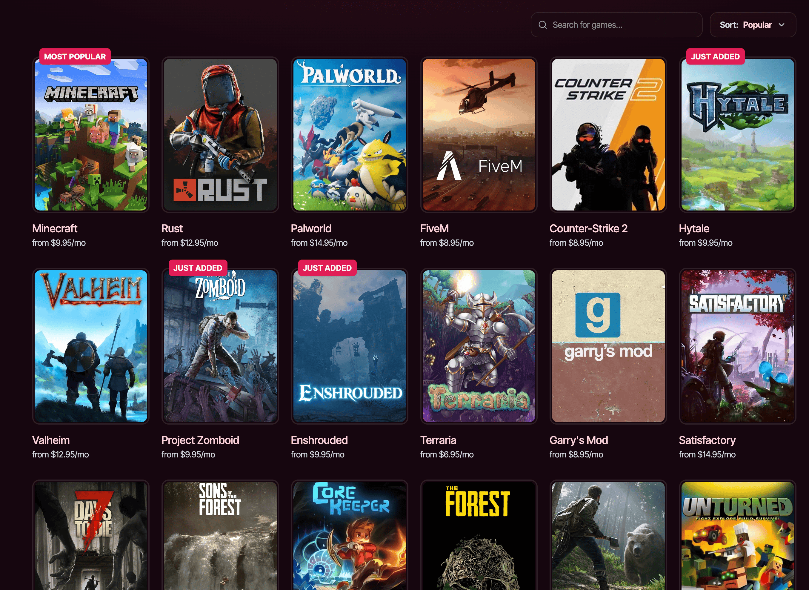 Game servers index showing Minecraft, Rust, Palworld, FiveM, CS2, and more with starting prices